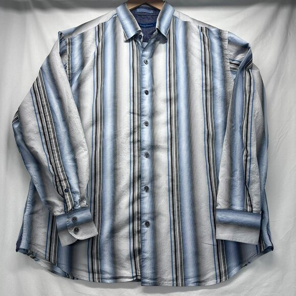 Tommy Bahama Shirt Mens XL Gray Blue Striped Button Up Long Sleeve Silk Blend - Picture 1 of 8